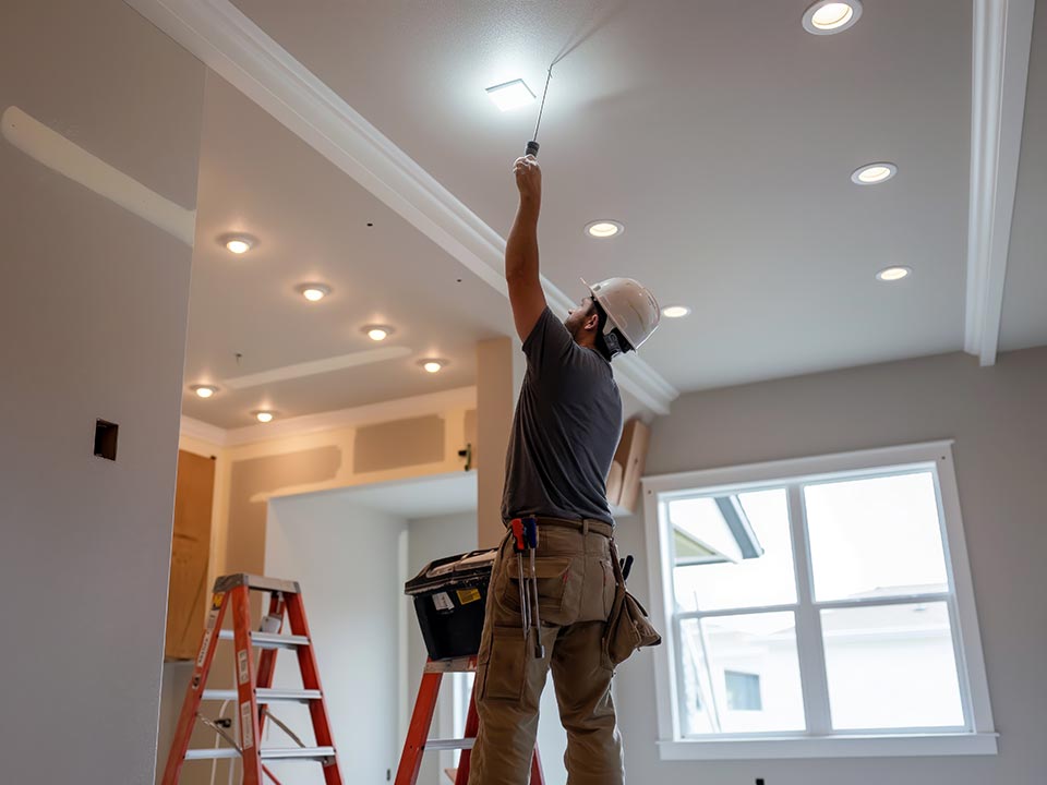 Electrician installing ceiling lights during a residential electrical fit-out in Canberra