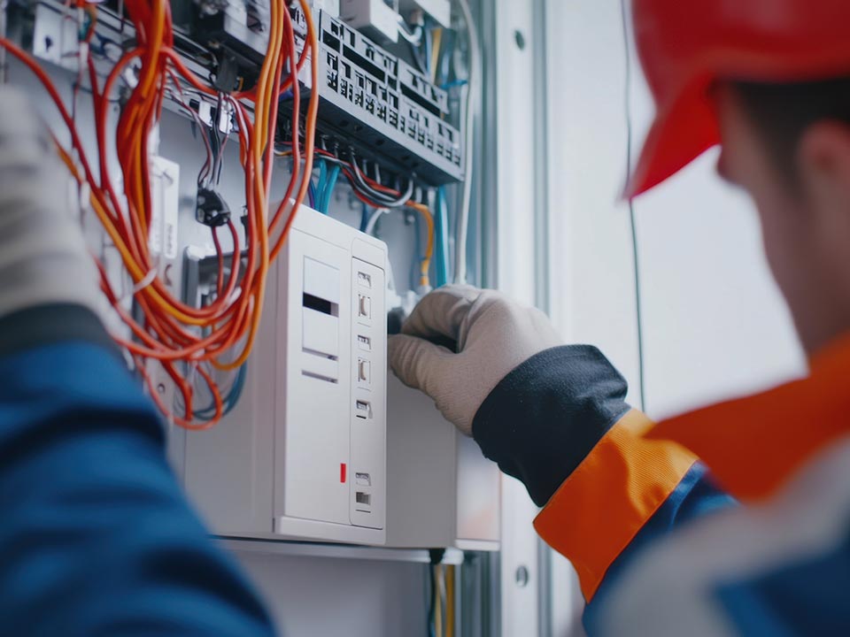 Commercial electrician working on a switchboard installation in Canberra