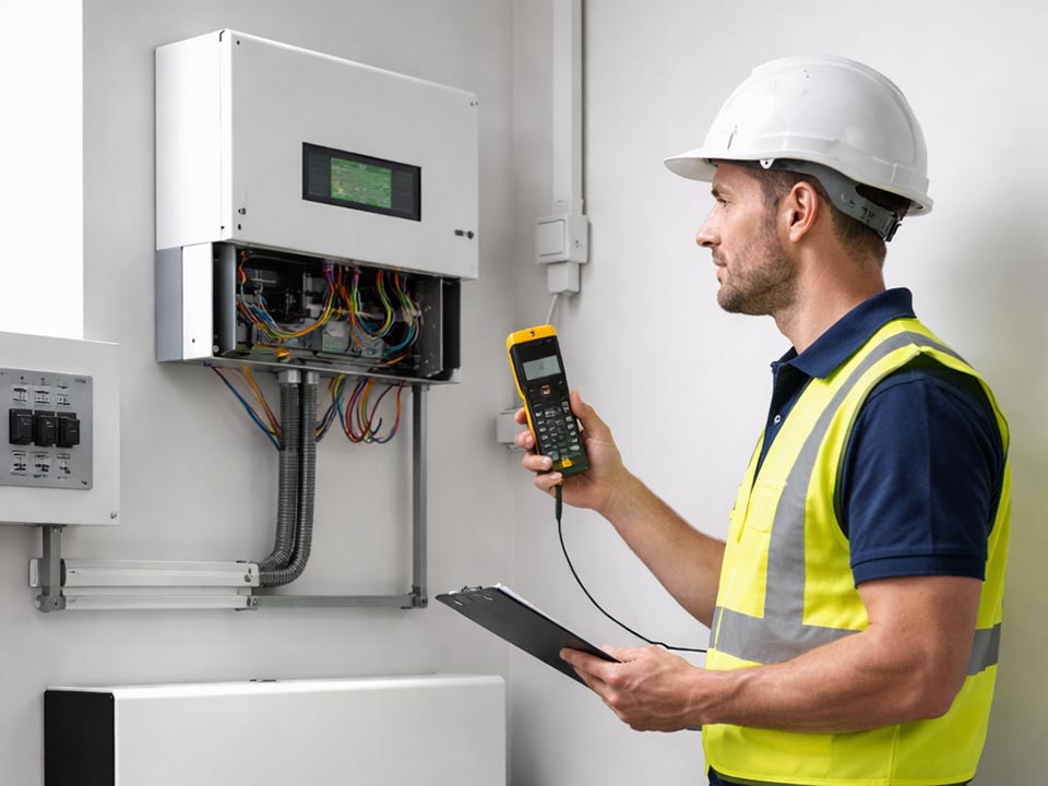 Licensed electrician installing solar battery storage system and inverter for home solar power in Canberra